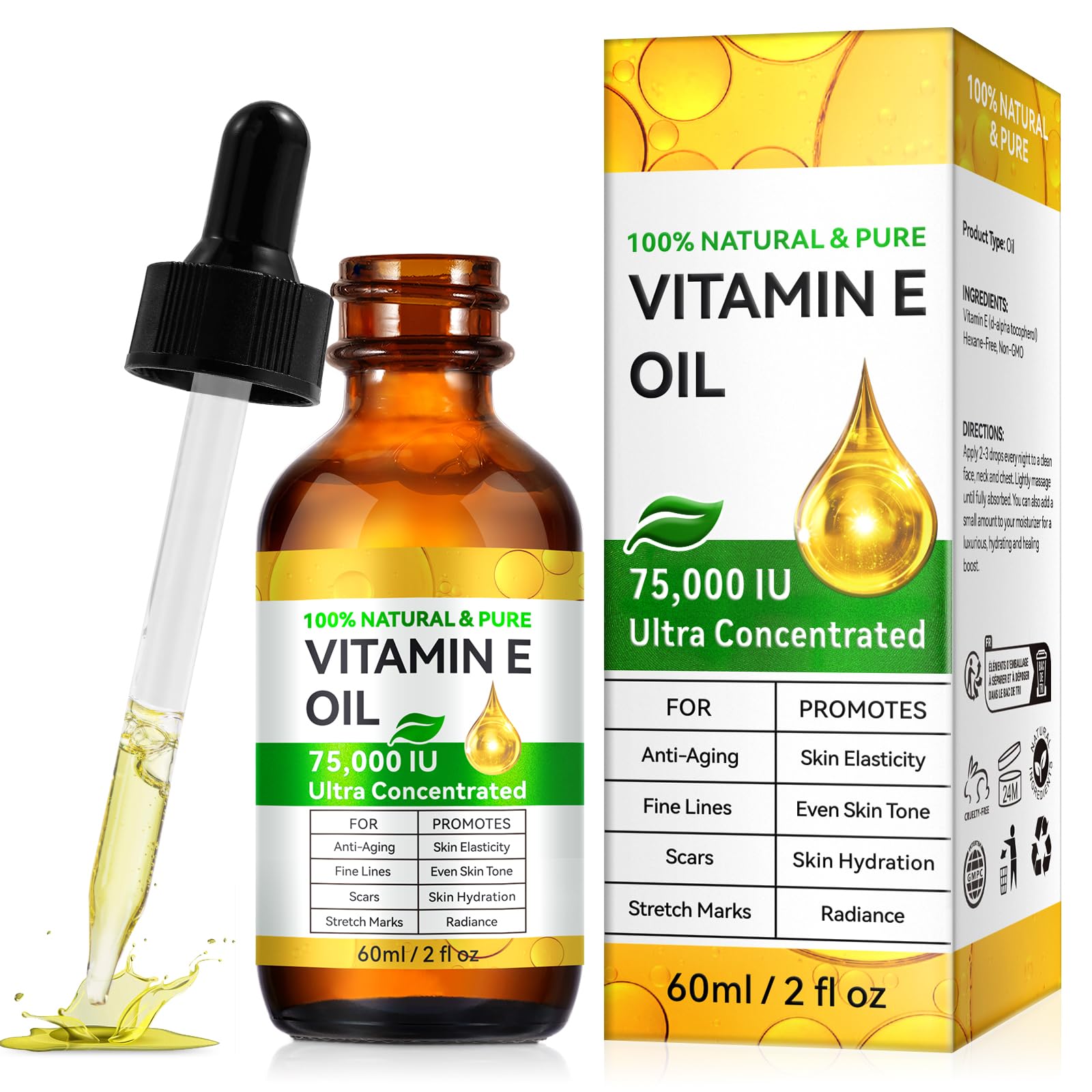 Aceite de Vitamina E Generic en botella, hidratación profunda para piel seca