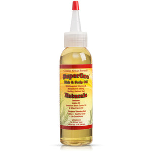 SuperGro de Genuine African Formula, botella derramándose para uso en el cuero cabelludo
