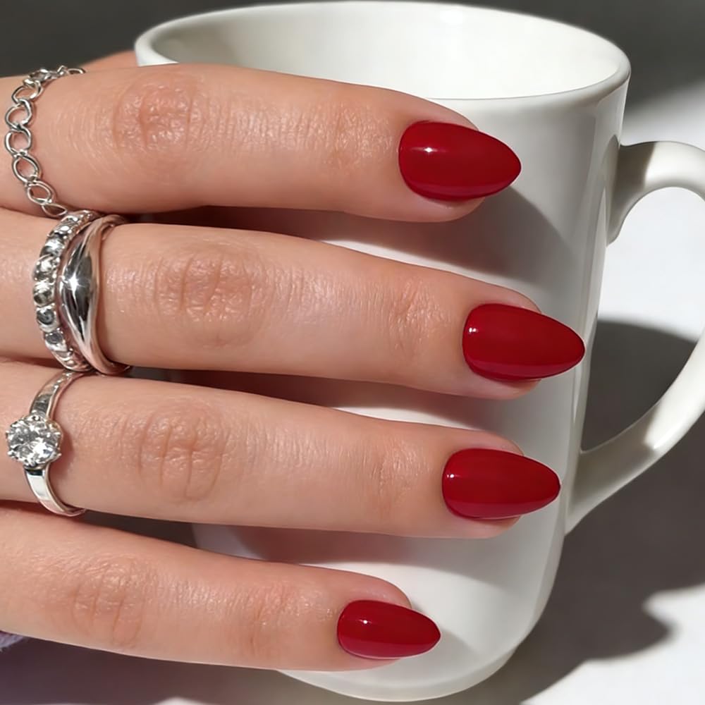 Uñas acrílicas geyakal rojas, diseño listo para aplicación en casa