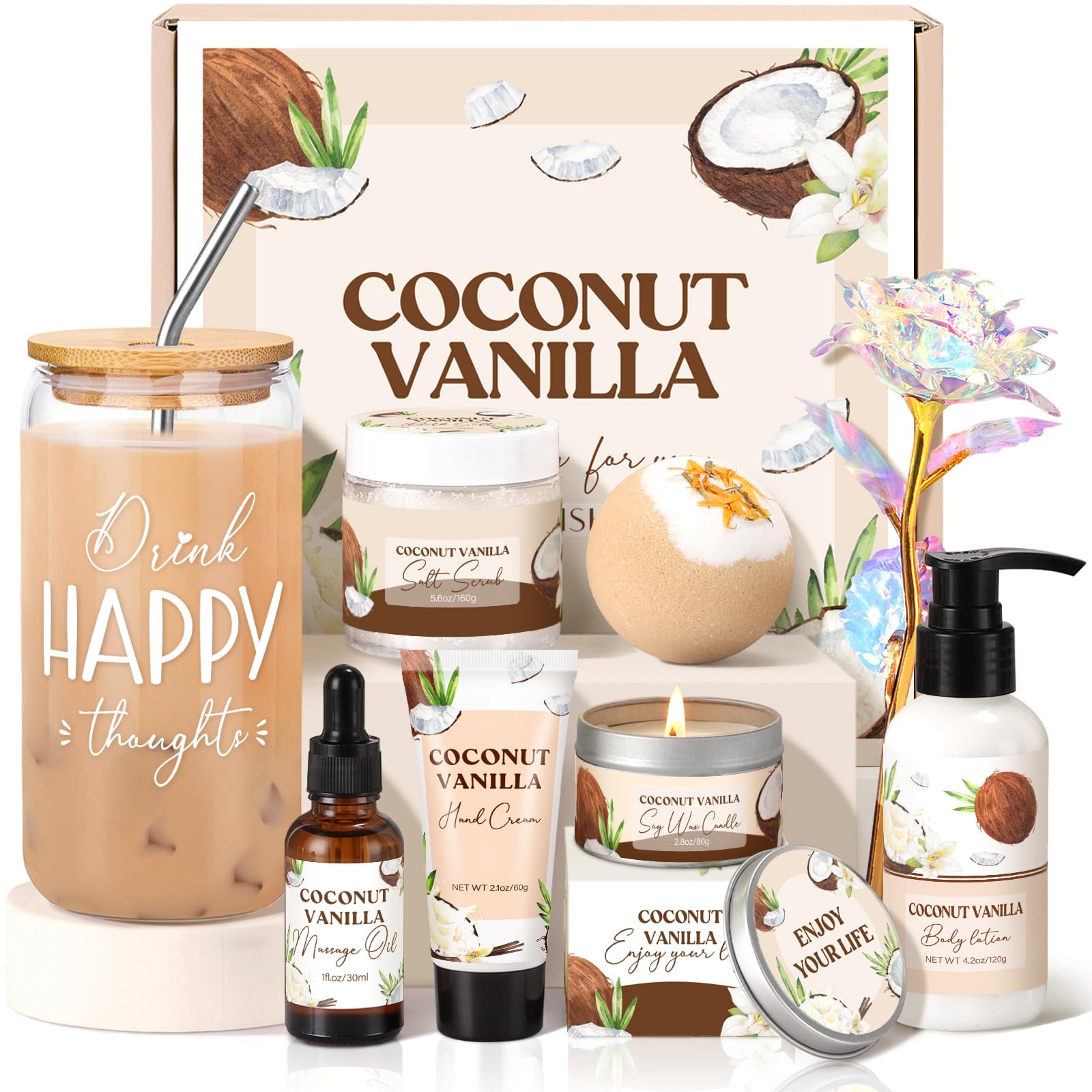 GiftPeak cesta spa vainilla coco: vaso de vidrio 16oz para bebidas.