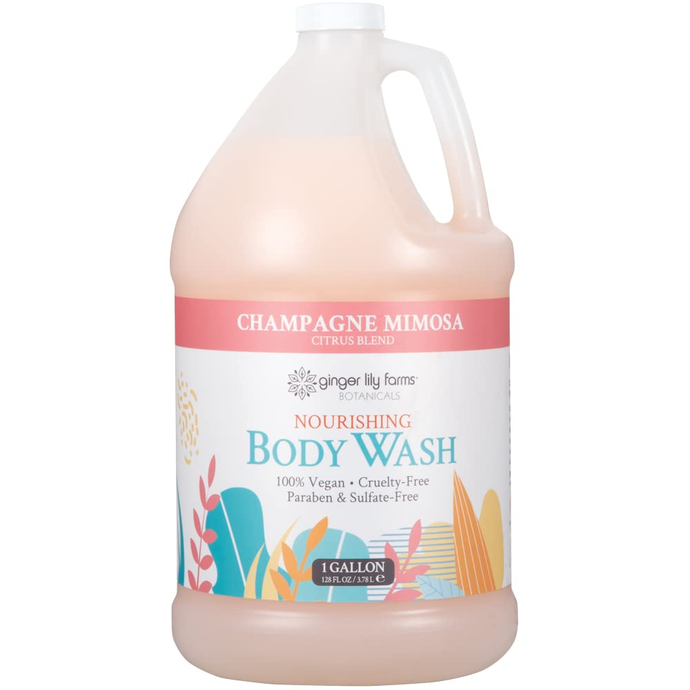 Ginger Lily Farms Botanicals Jabon Cuerpo Champagne Mimosa en botella para ducha diaria.