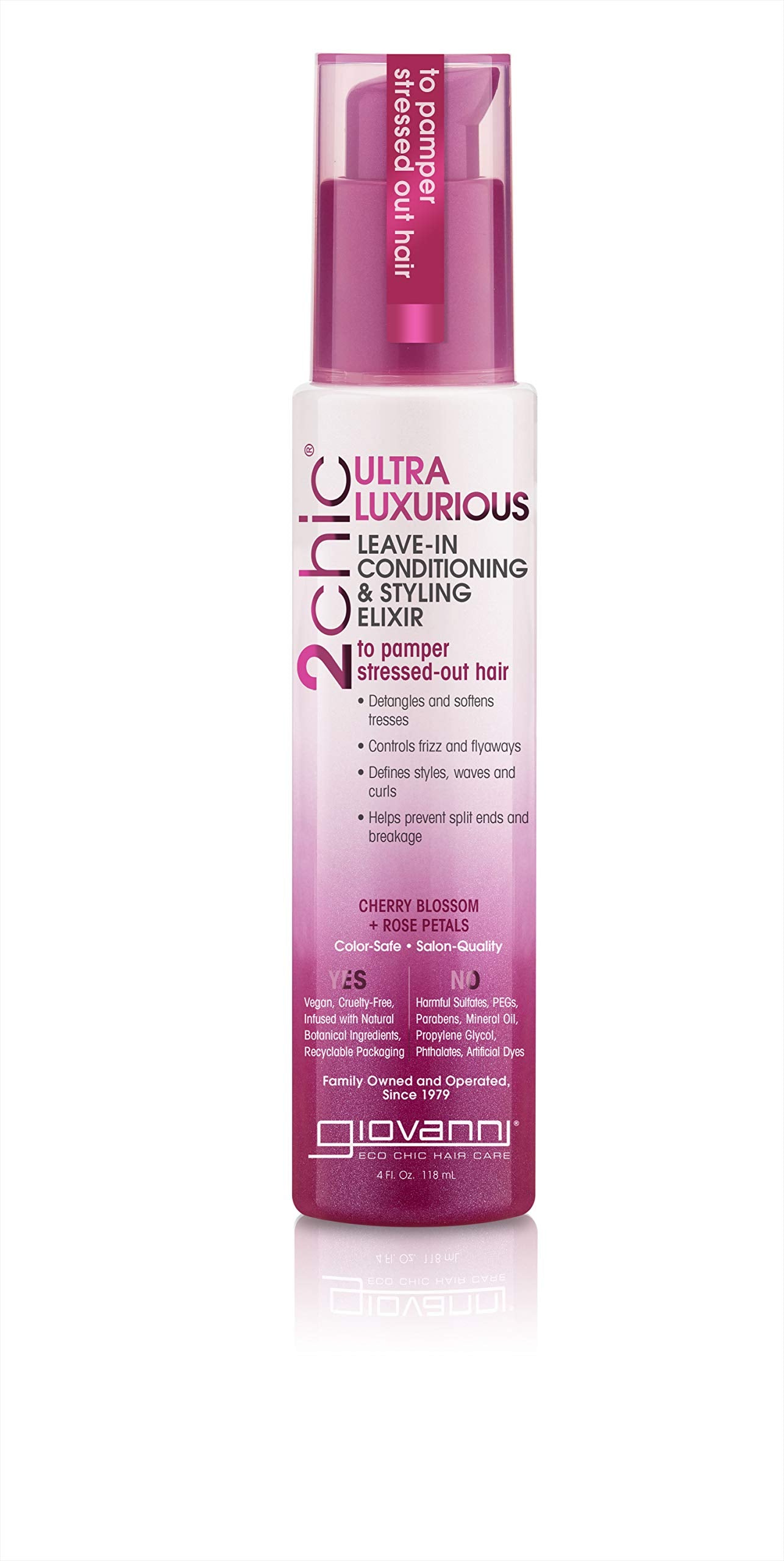 Giovanni 2chic Elixir, botella frontal, suaviza rizos y aporta brillo