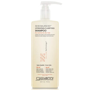 GIOVANNI 50:50 champú, botella vertiendo, hidratación suave para cabello dañado