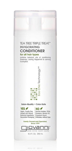 Acondicionador Giovanni con árbol de té para cabello vigoroso y cuero cabelludo fresco.