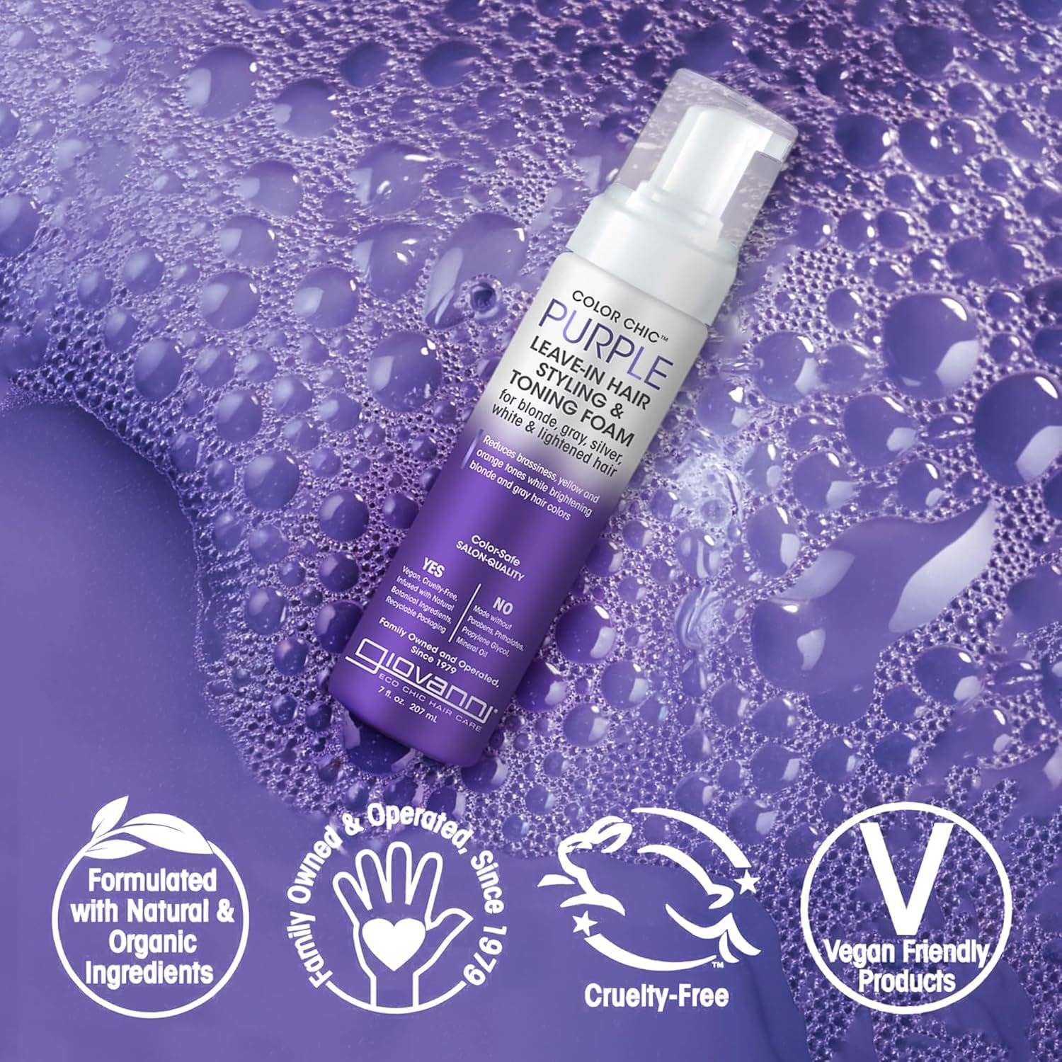 GIOVANNI Color Chic Mousse Purpura, ingredientes naturales como argán y aloe vera.