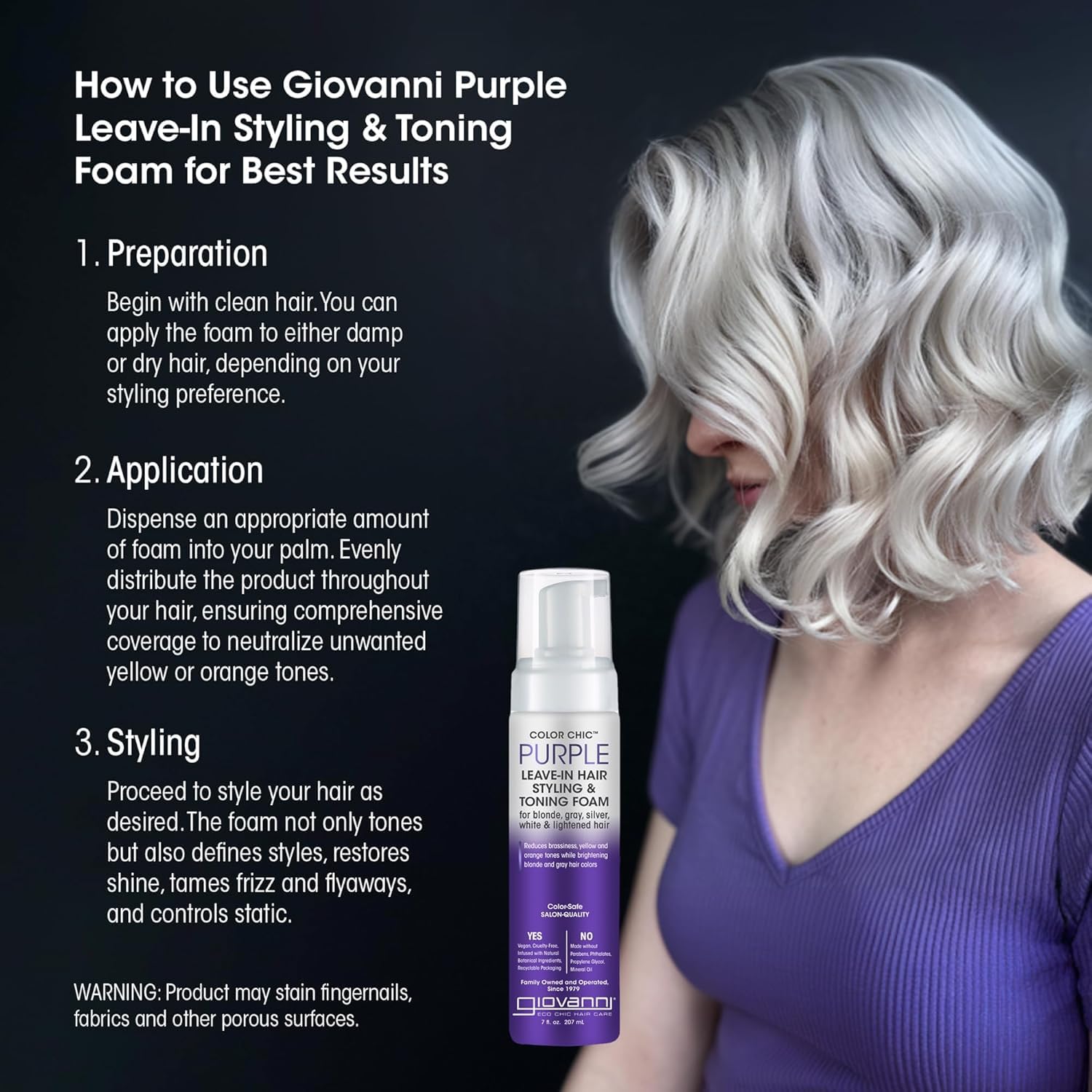 GIOVANNI Color Chic Mousse Purpura, rutina diaria de peinado con aplicación rápida.