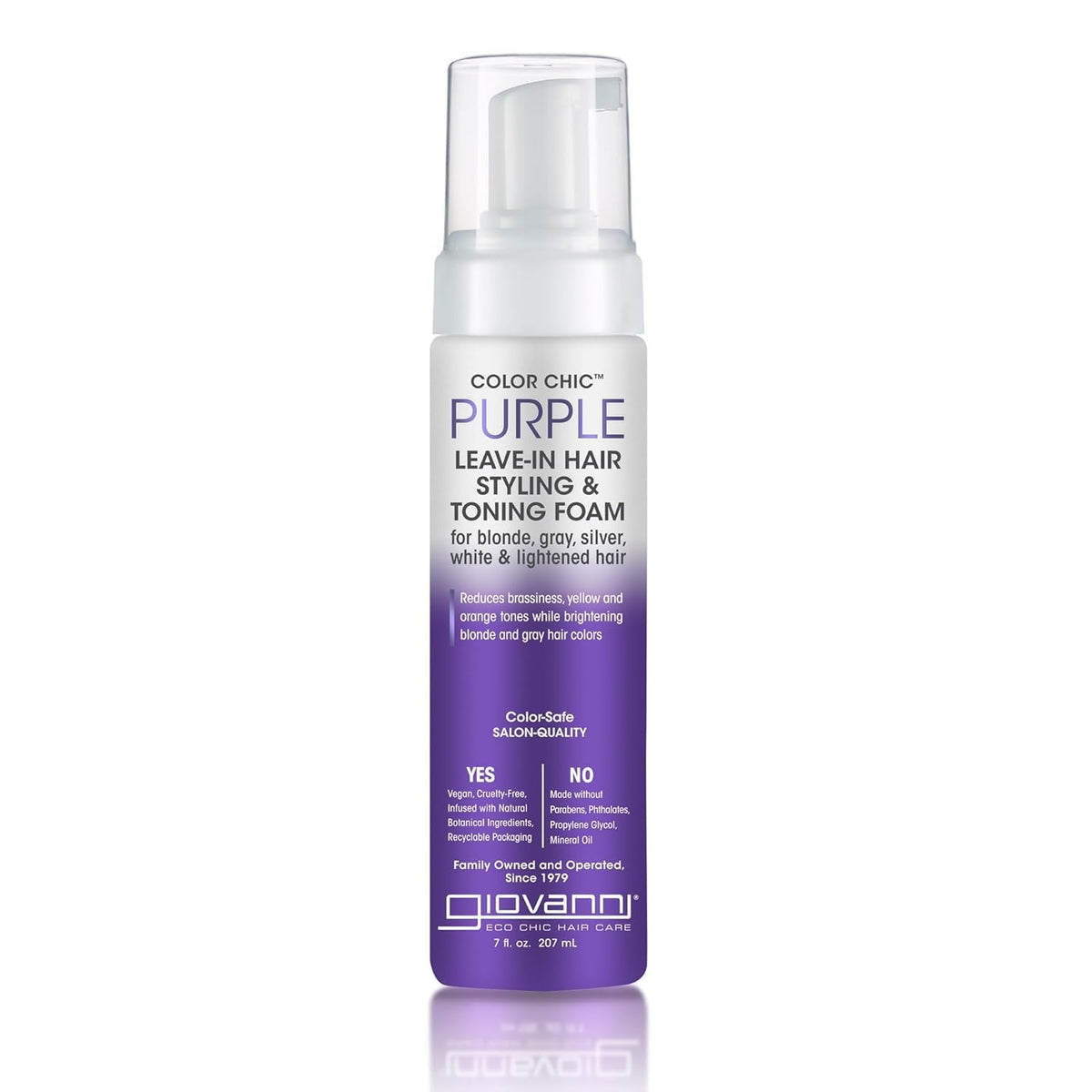 GIOVANNI Color Chic Mousse Purpura sin enjuague, botella para peinado suave y brillante.