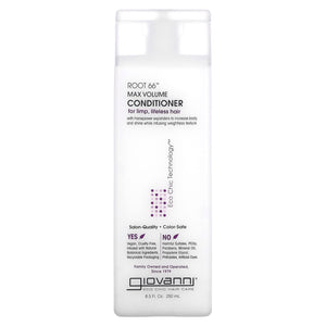 Giovanni Root 66 Max Volume Conditioner, botella derramando, aporta volumen en las raíces.