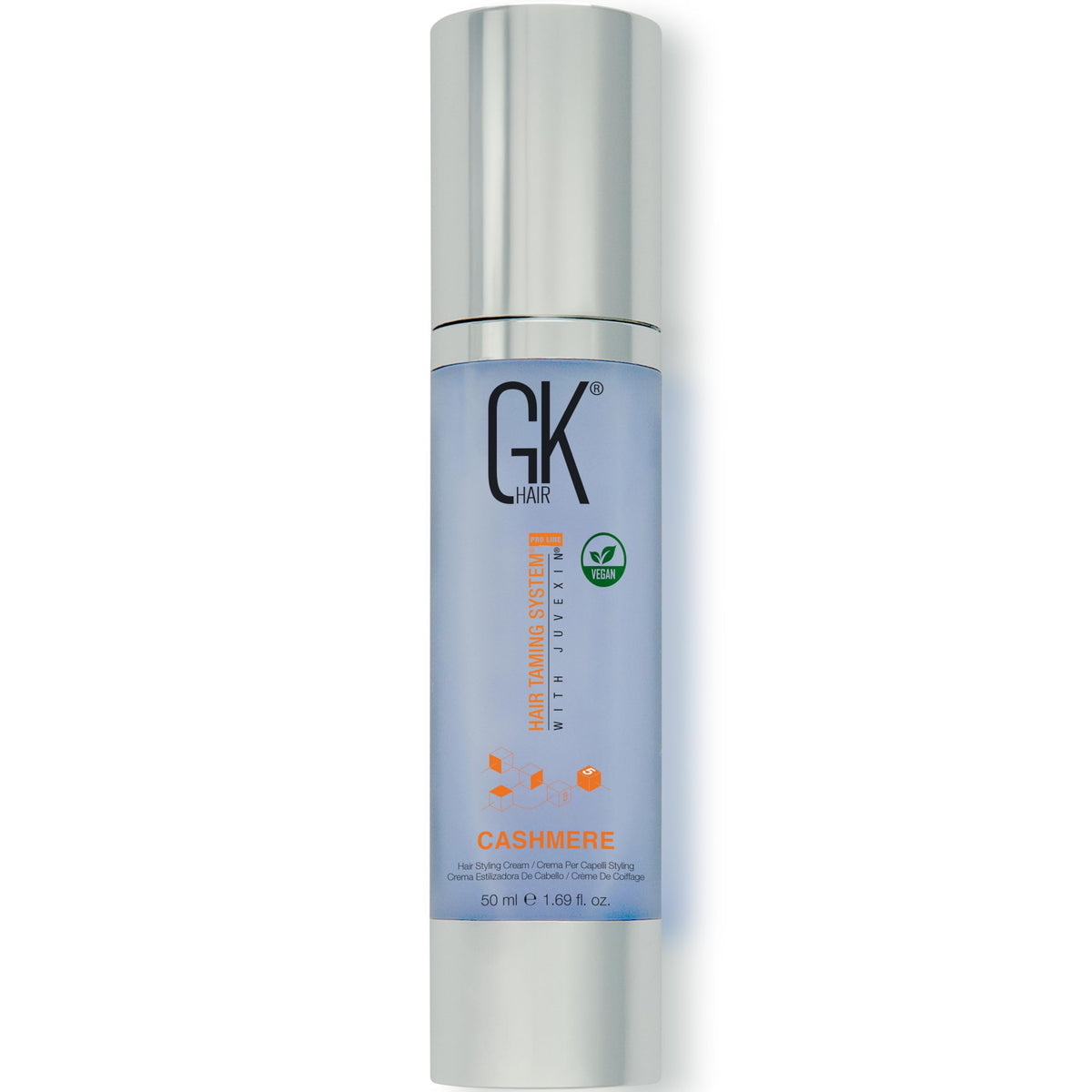 GK HAIR crema cachemira sin enjuague sobre botella, peinado suave y definido.