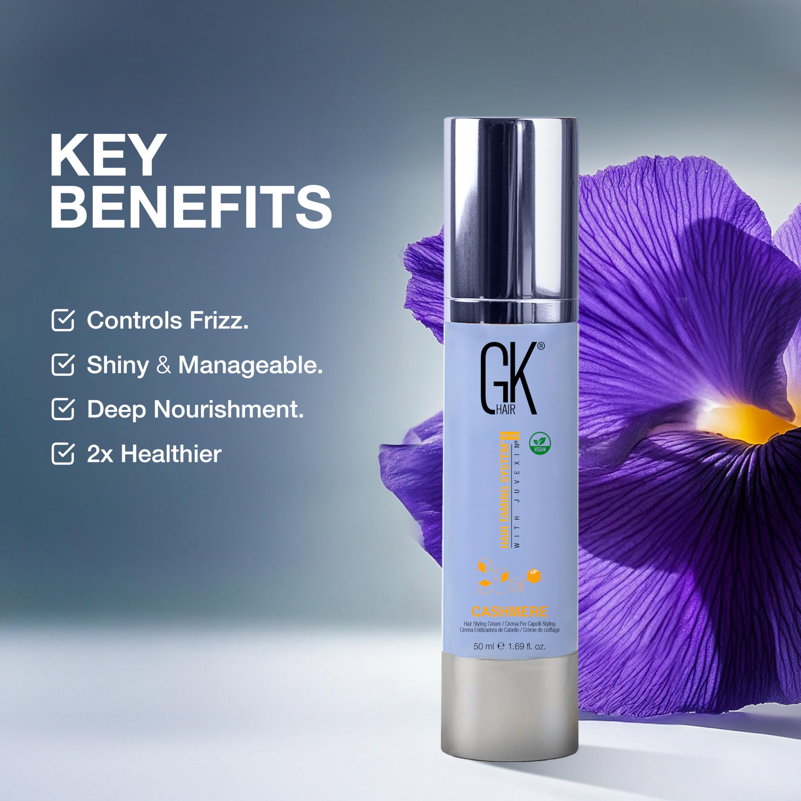 GK HAIR efecto anti-frizz en cabello sedoso tras uso diario.
