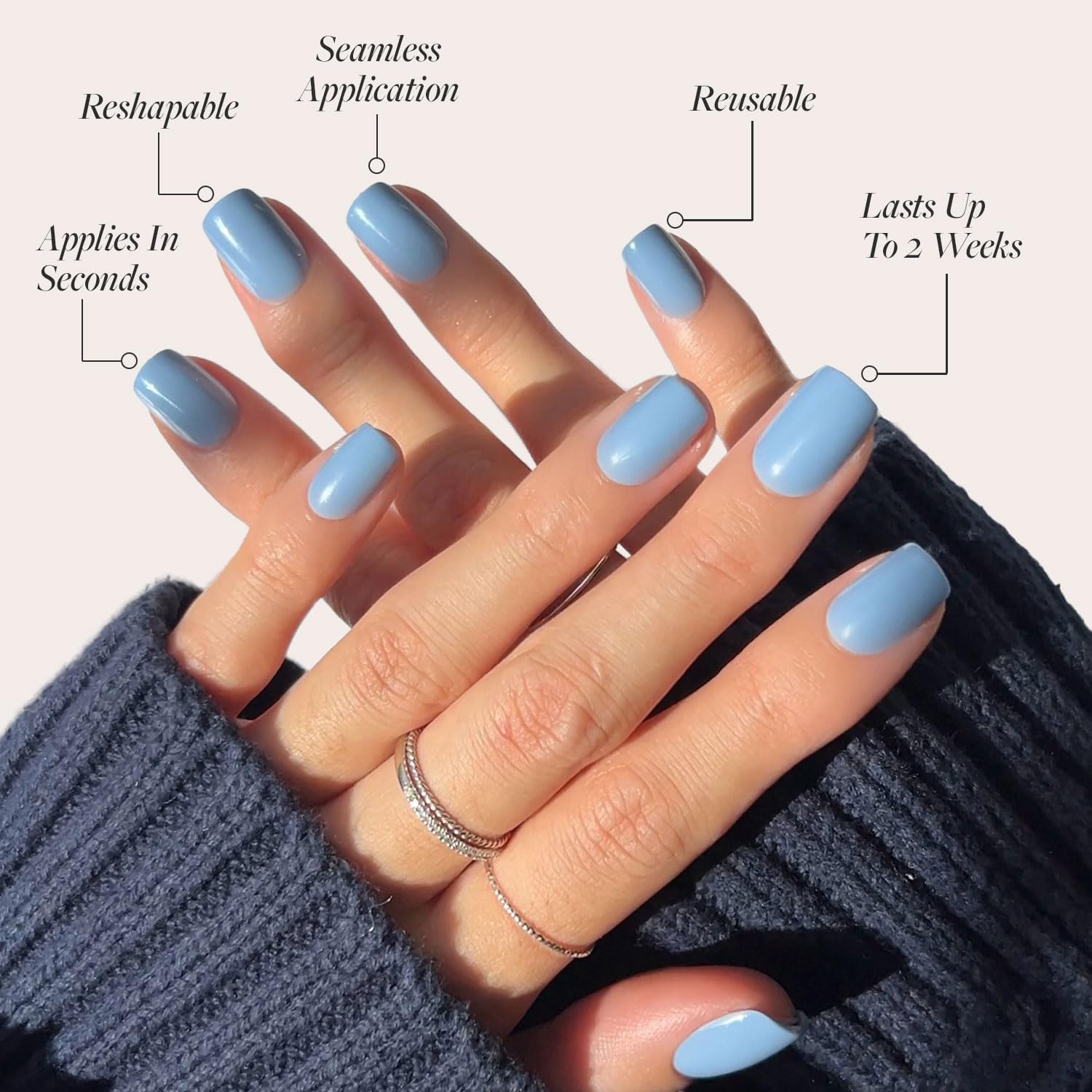 Kit Glamnetic Cashmere Blue con 30 uñas y accesorios para ajuste perfecto.