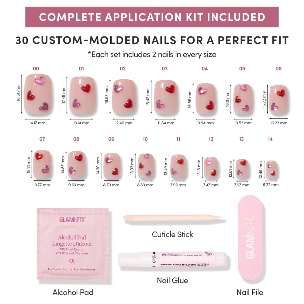 Glamnetic Dear Lover kit 30 uñas, 15 tallas para un ajuste personalizado en cada mano.