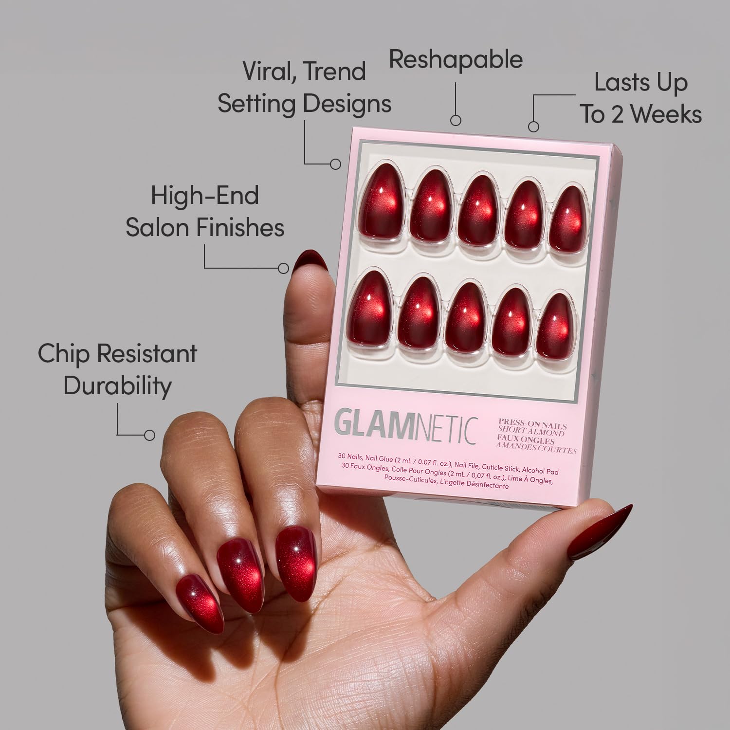 Glamnetic Frosted Cranberry, kit de 30 uñas y 15 tallas para ajuste perfecto.