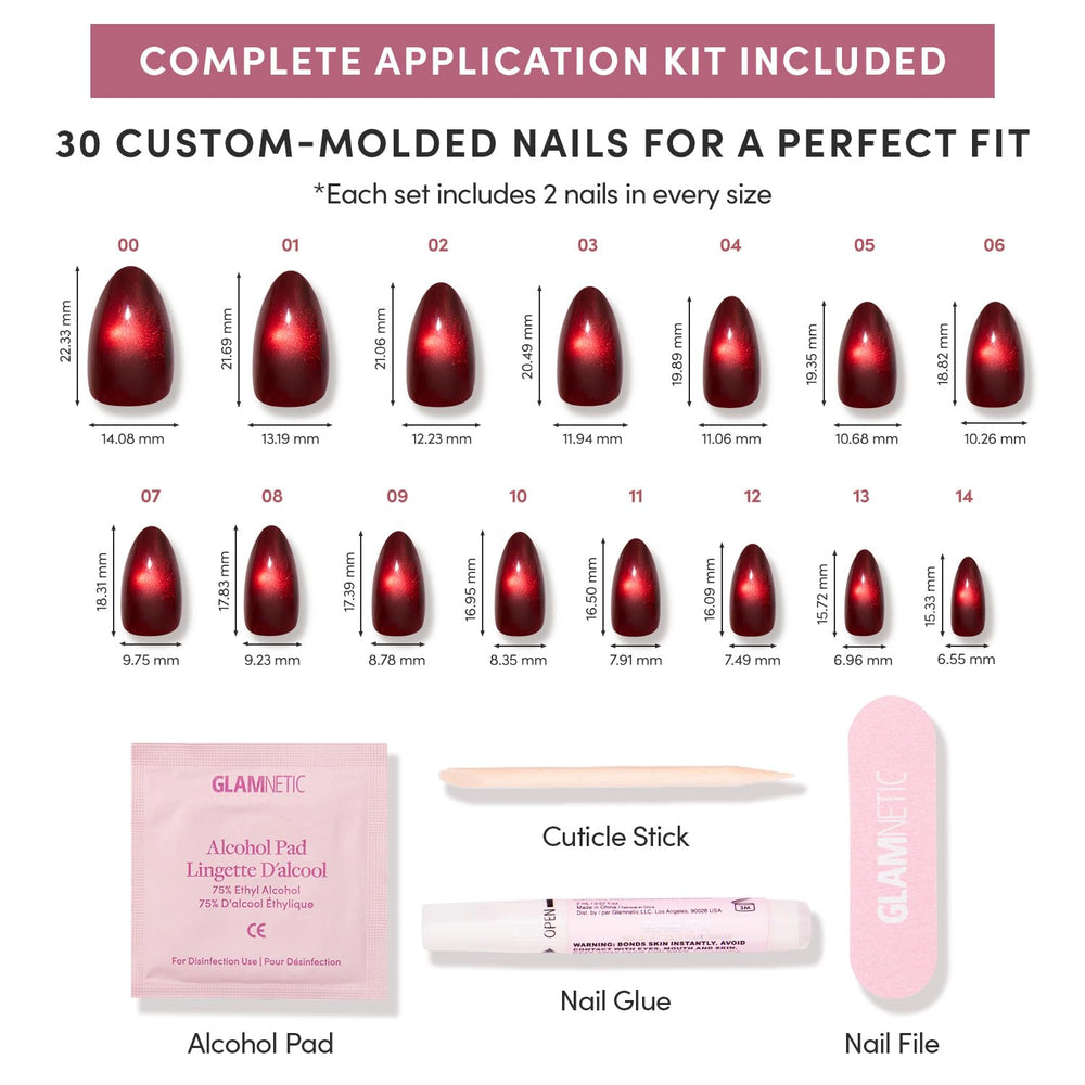 Glamnetic Frosted Cranberry, pegamento y lima para aplicación sencilla.