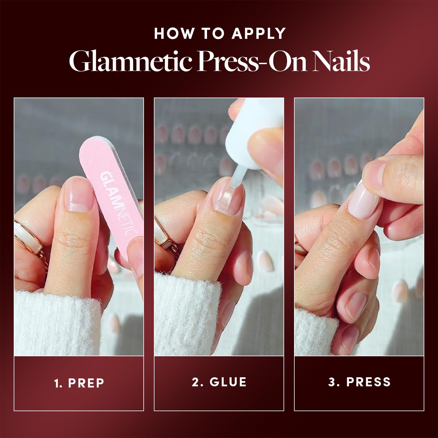 Glamnetic pegamento incluido para fijación rápida y segura de las uñas.