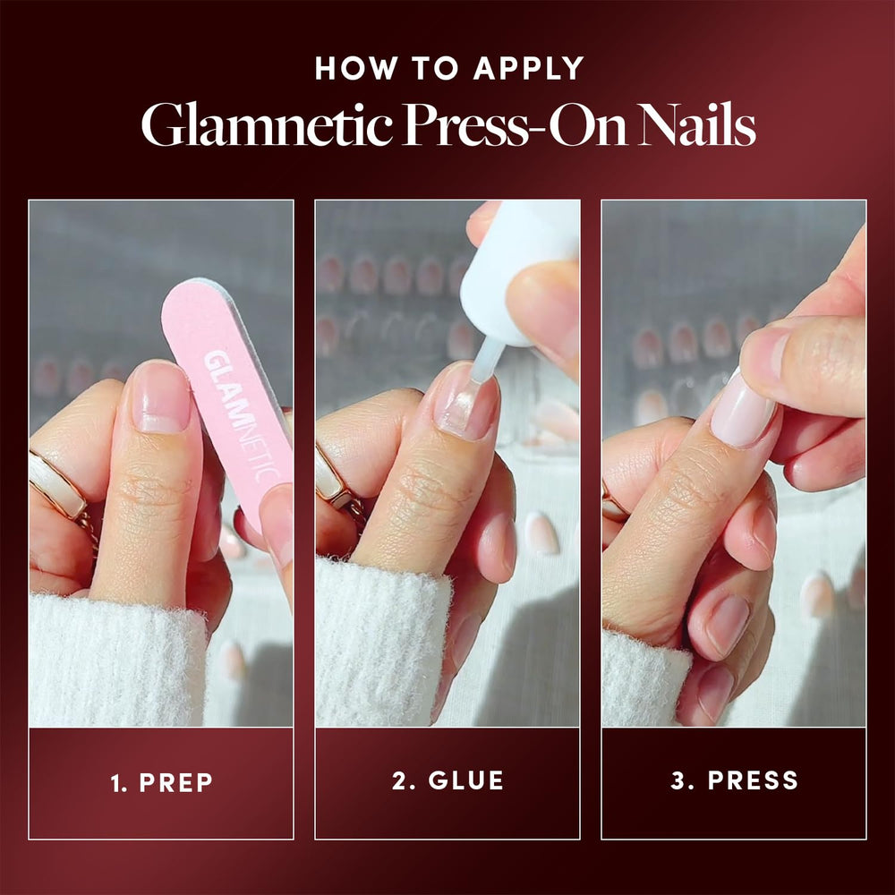 Glamnetic pegamento incluido para fijación rápida y segura de las uñas.