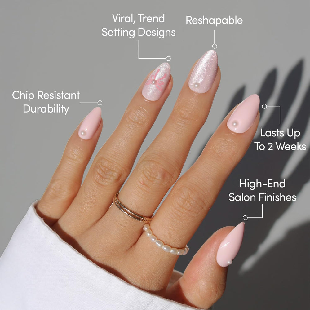 Glamnetic perlas 3D y lazo de raso: detalle texturizado que añade elegancia.