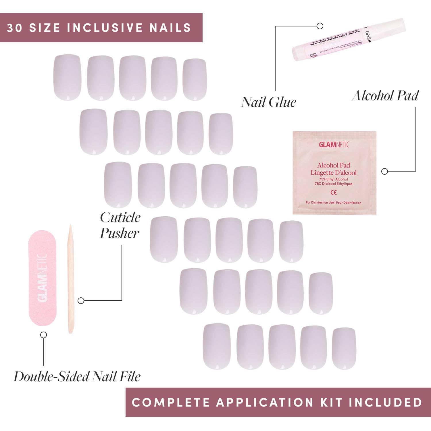 Glamnetic set de uñas con 30 piezas en 15 tallas para ajuste personalizado.