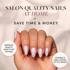 Glamnetic Silent Night: uñas cortas en almendra con brillo blanco para uso diario.