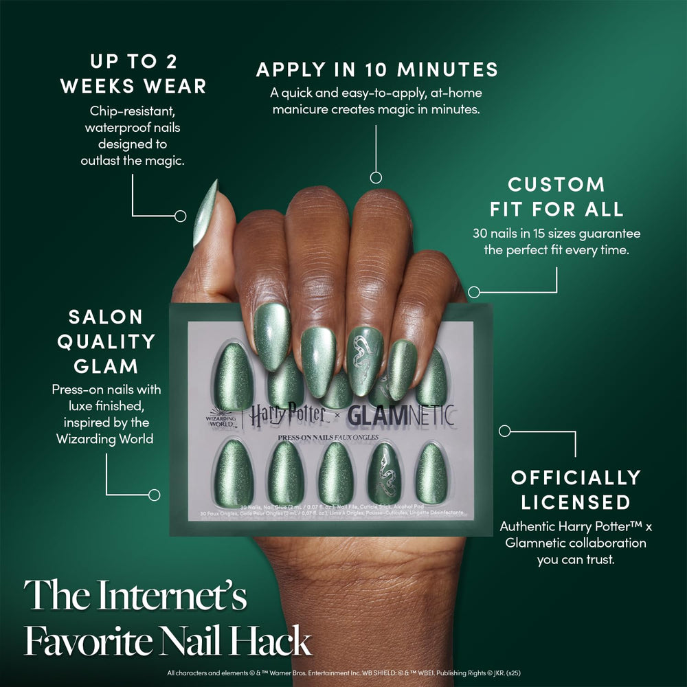 Glamnetic uñas almendra corta con terciopelo verde, ajuste cómodo y práctico.