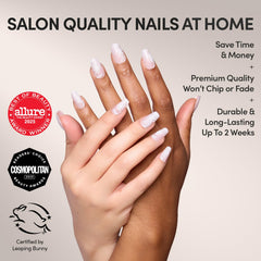 Uñas Glamnetic en gradiente tono neutro a blanco con encaje para bodas.