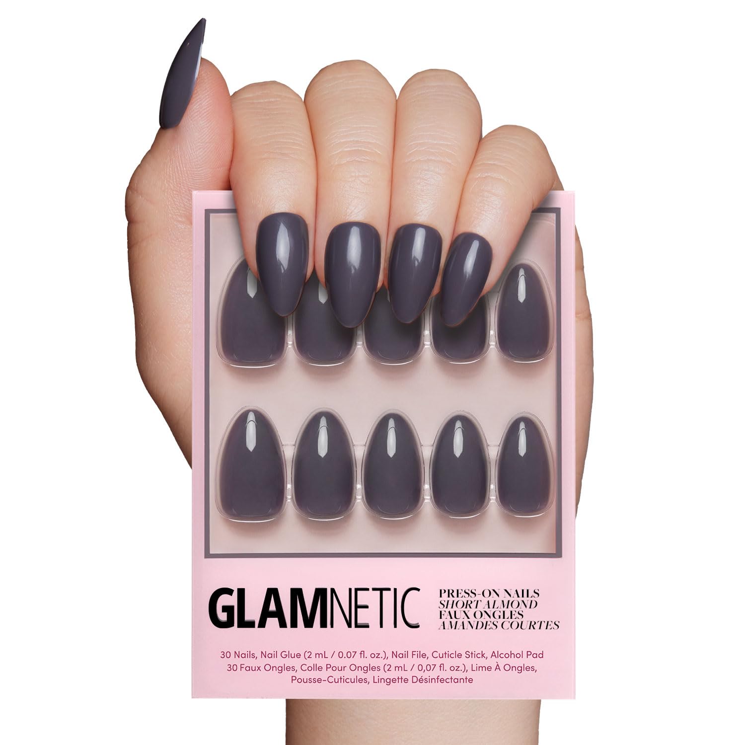 Glamnetic Unas postizas Gris Ceniza, tono gris humo, forma almendra corta para uso diario elegante.