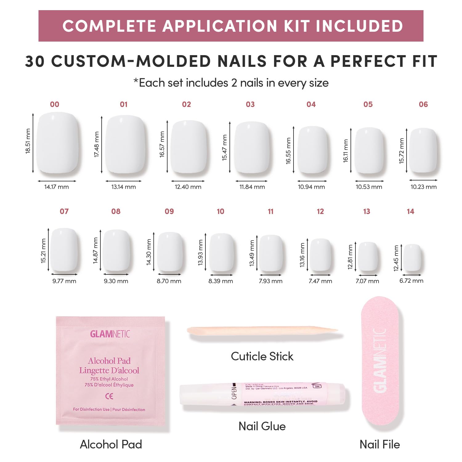 Glamnetic Uñas en 15 tallas para ajuste personalizado cómodo.