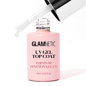 Glamnetic UV Gel Clear Top Coat en botella, listo para aplicación y acabado brillante.