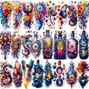 Tatuaje temporal glaryyears fénix acuarela, estilo bohemio vibrante para festivales.
