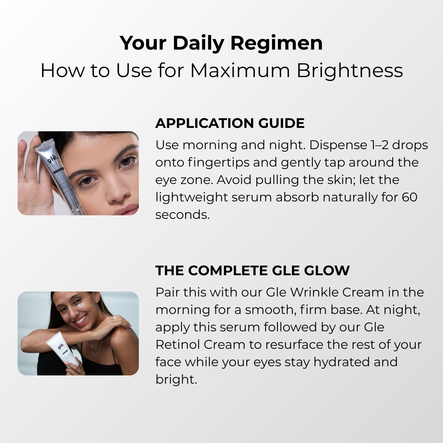 Gle Skincare serum de ojos, prueba clínica, apto para piel sensible.