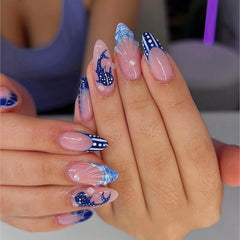 Gleamrain uñas postizas medium almendra nude con diseño ballena, ideal para fiestas