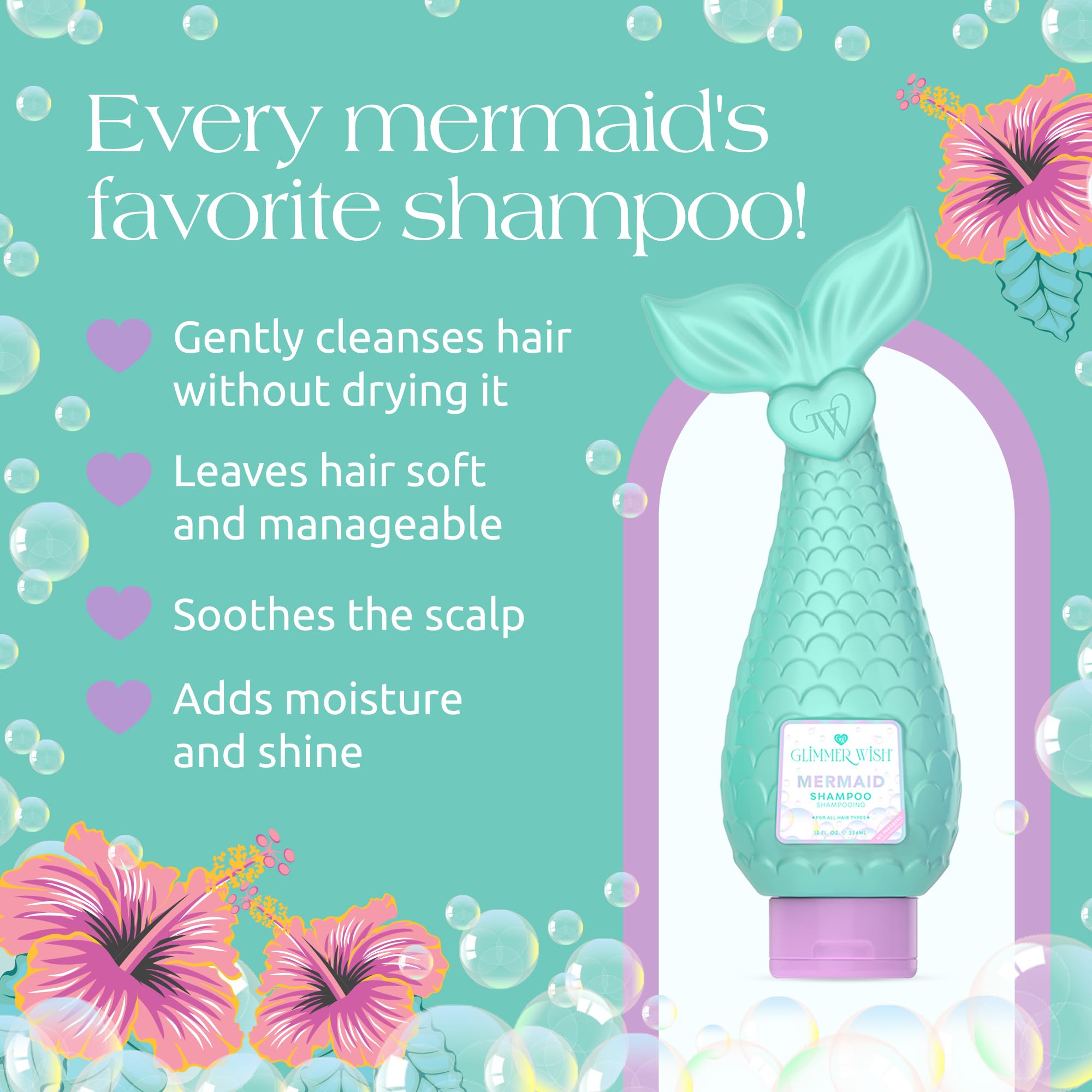 Glimmer Wish Mermaid Kids Shampoo, aplicación suave en la palma para dosificar sin desperdicio.