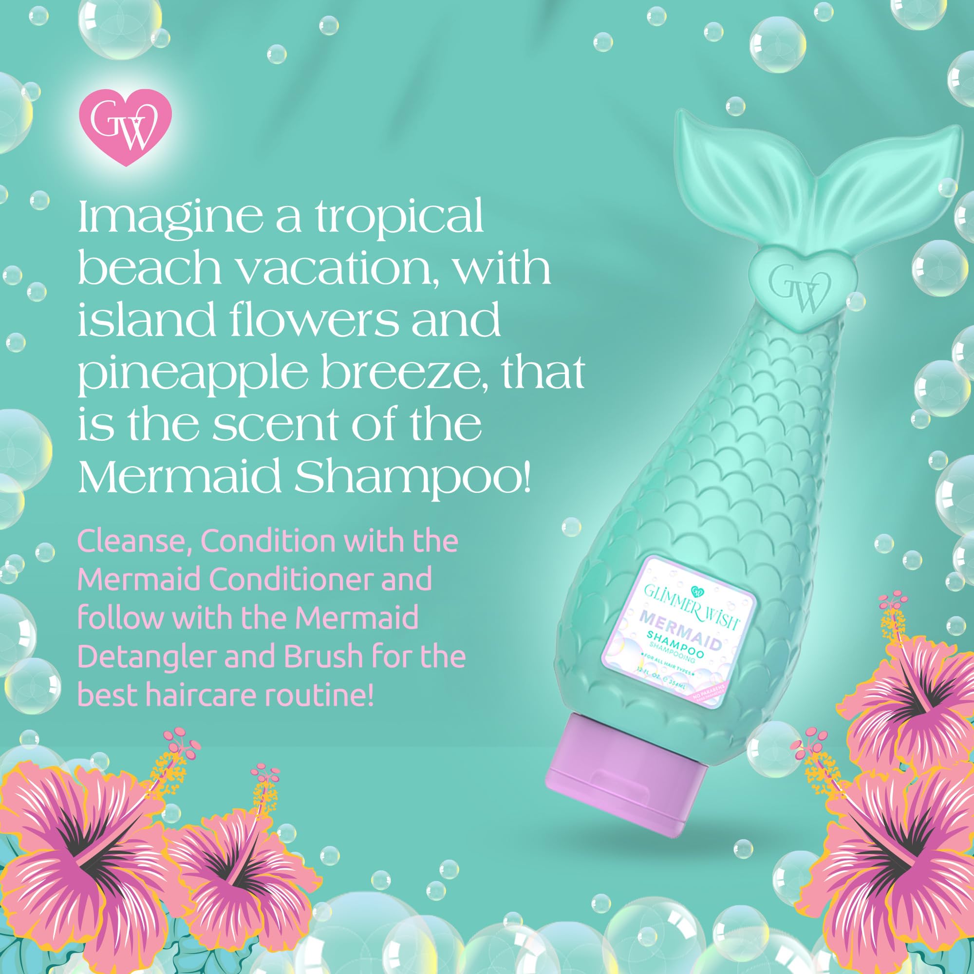 Glimmer Wish Mermaid Kids Shampoo, botella con gravedad para una dosificación precisa.