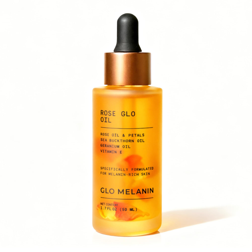 Glo Melanin Rose Glo Oil, botella lista para uso diario en rostro y cuerpo