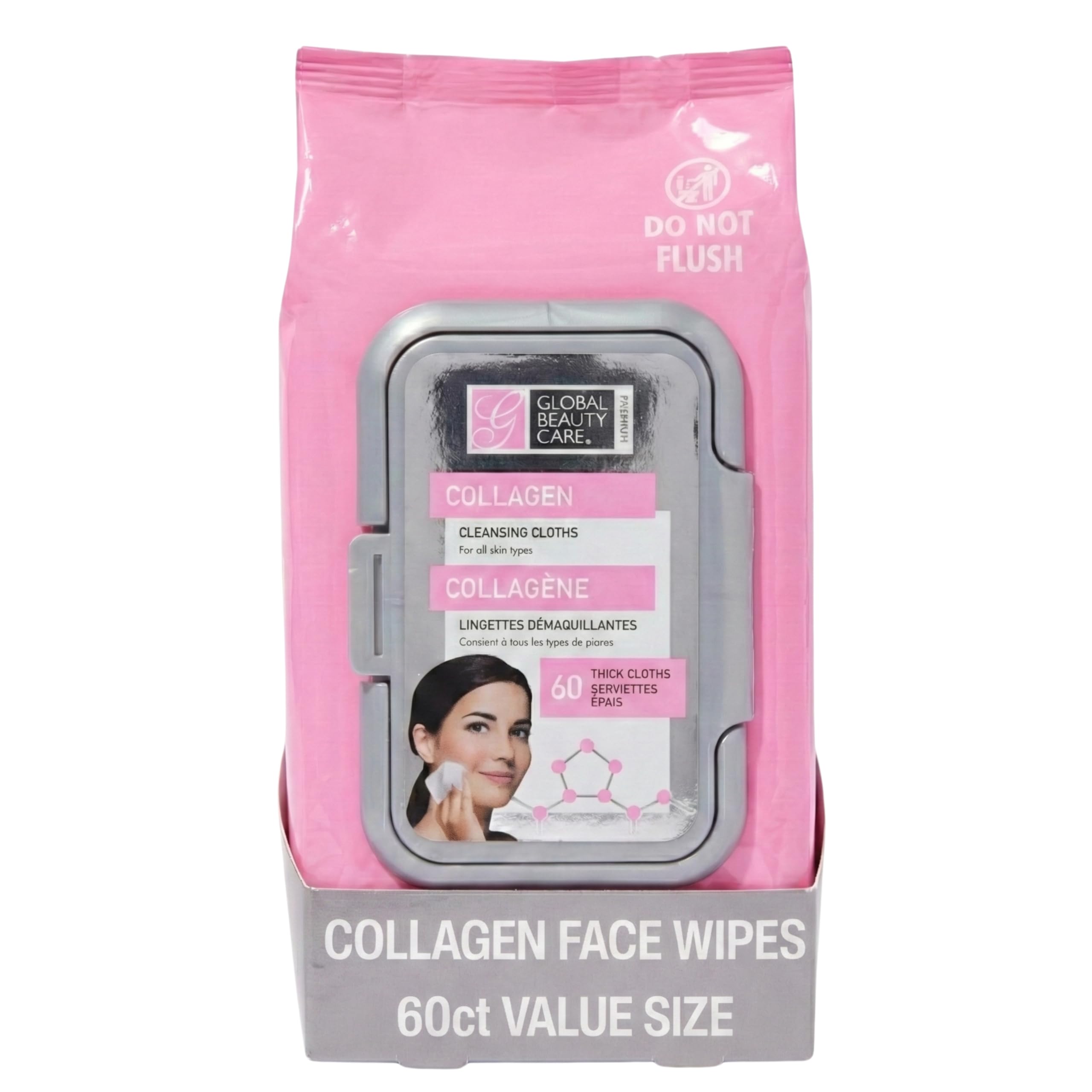Global Beauty Care toallitas desmaquillantes colageno, bolsa 60, para una limpieza suave.