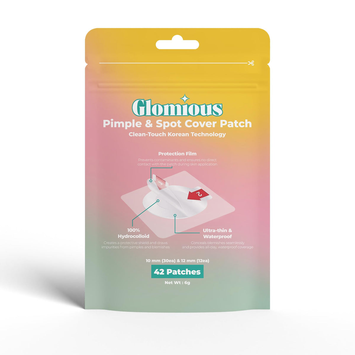 Glomious parches acne: caja y parches visibles para protección limpia.