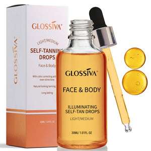 Glossiva Gotas Bronceado Natural para rostro y cuerpo con acabado radiante.