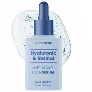 Glow Elixir Retinol Serum, botella cercana, piel más suave y luminosa.
