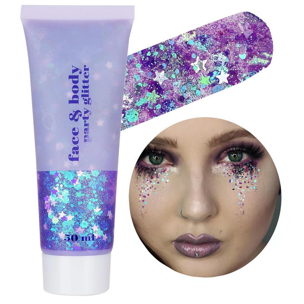Go Ho Glitter Sirena Morada, botella de purpurina holográfica para rostro y cuerpo, fácil de aplicar