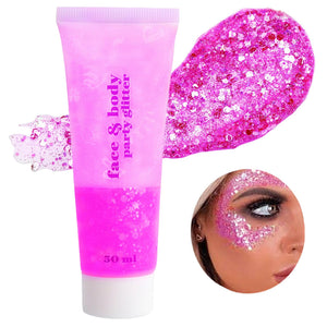 Go Ho Hot Pink Glitter Gel aplicado en el rostro con brillo holográfico duradero.