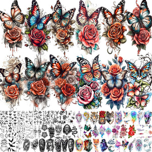 GOCOLORING 71 hojas tatuajes rosas y mariposas, decoración temporal para fiestas.