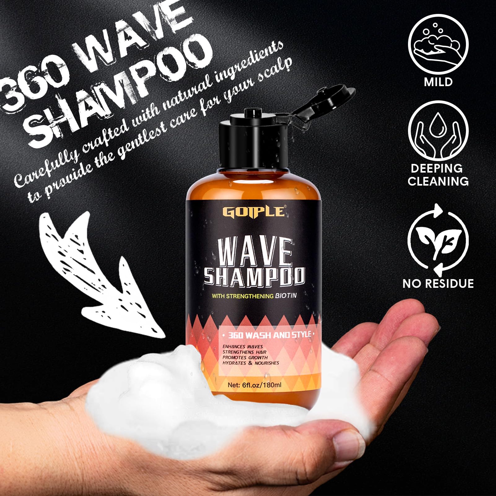 Goiple 360 Waves Shampoo aplicación diaria rápida y eficiente.