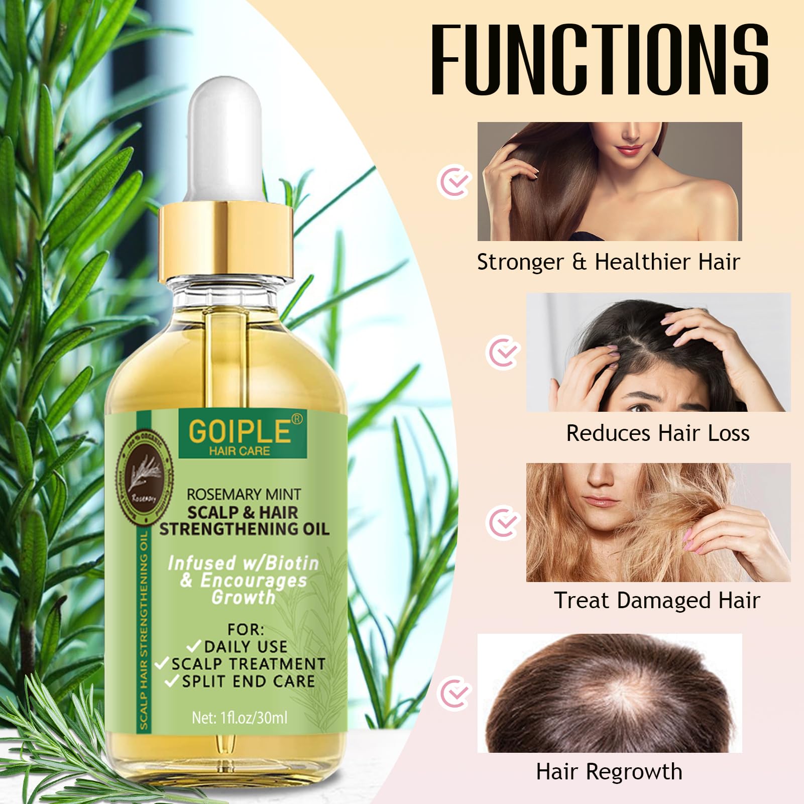 Goiple aceite de romero para cabello: equilibra aceites naturales.