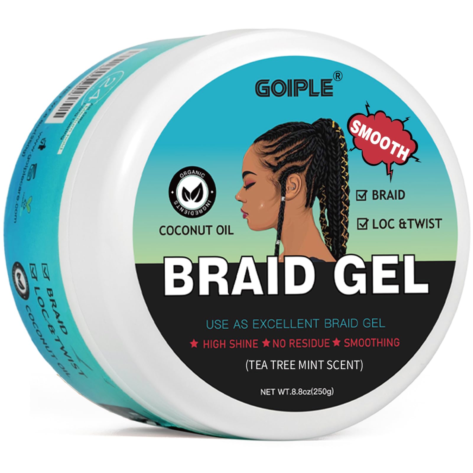 Goiple gel para trenzas y locs, envase fácil de identificar para uso diario.