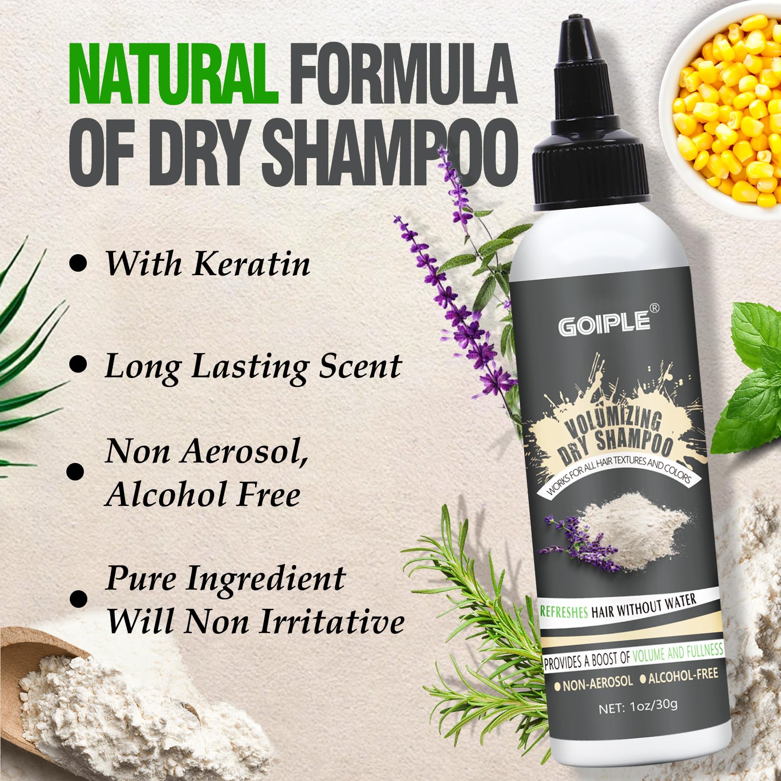 Goiple Polvo Shampoo Seco, cabello ligero y con textura después de la aplicación.