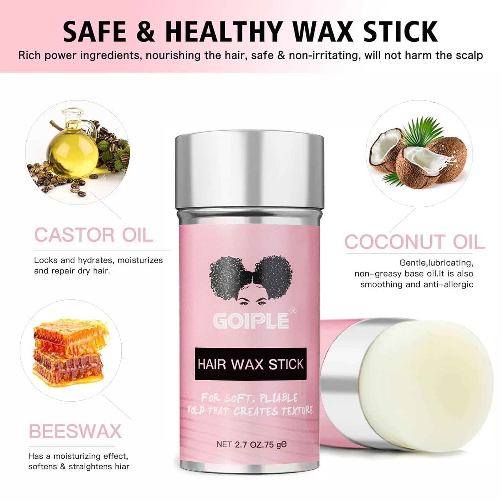 Goiple Wax Stick en cabello seco para controlar flyaways con brillo natural.