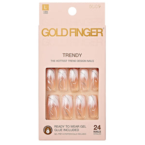 Goldfinger uñas postizas de cobertura total con diseño francés blanco para acabado de salón en casa.