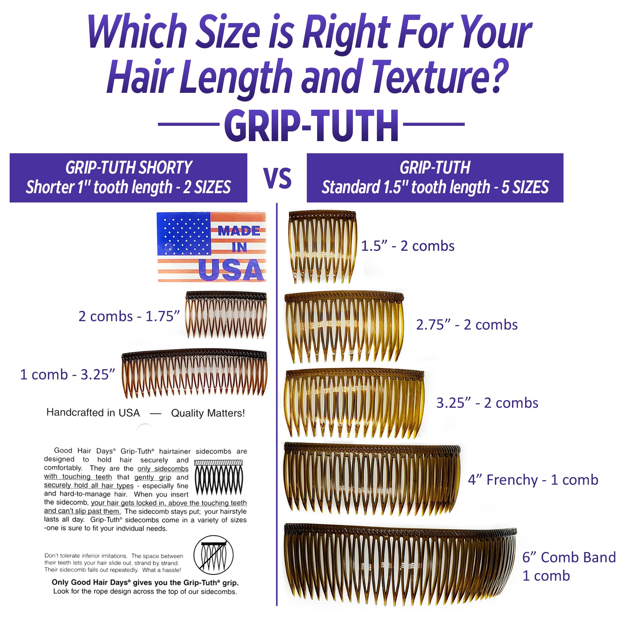 Good Hair Days Grip-Tuth, fabricado en EE.UU. con plástico duradero y memoria.