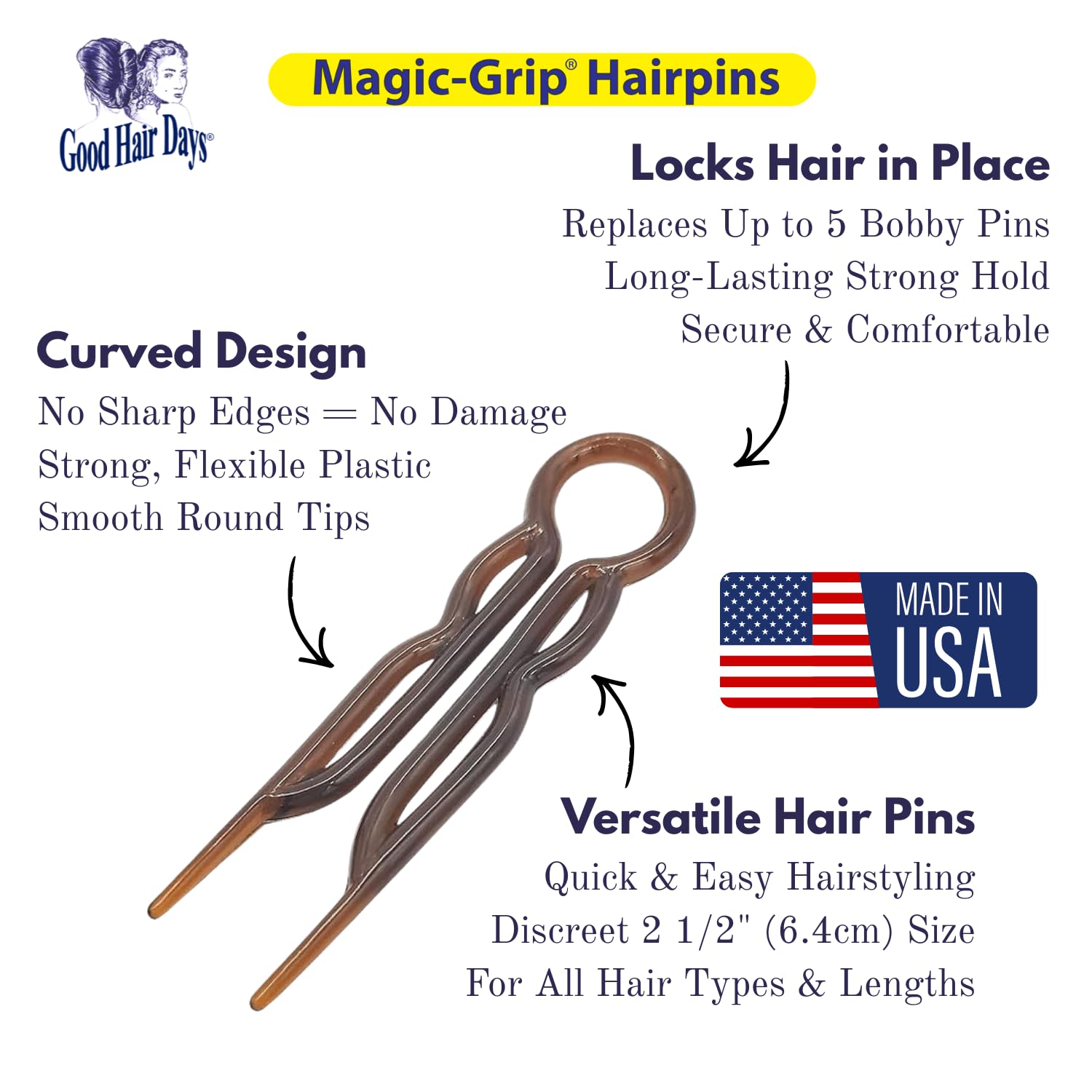 Horquilla Good Hair Days sin metal, ideal para viajes y uso diario.