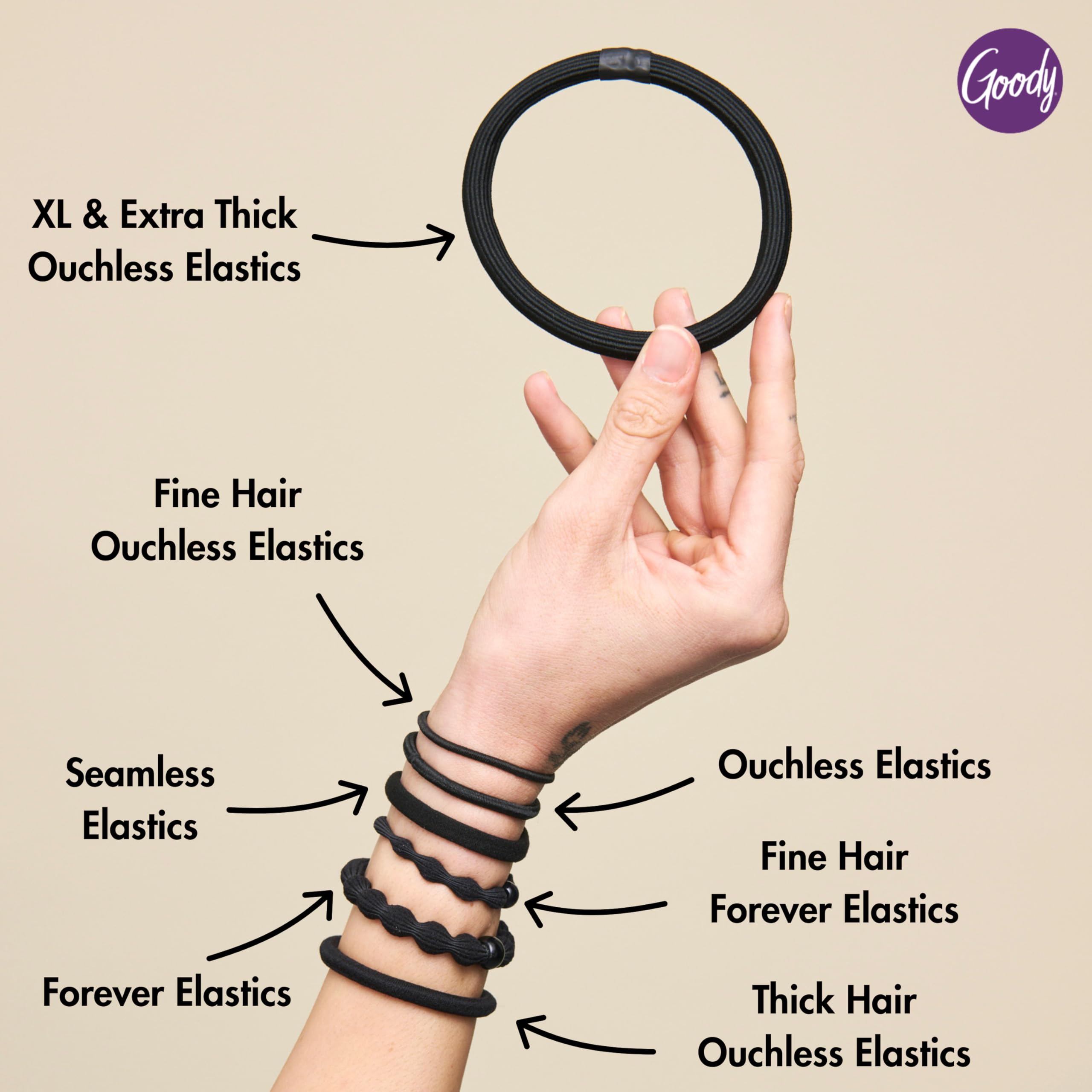 Goody elásticos para cabello grueso en negro, comodidad y rendimiento diario